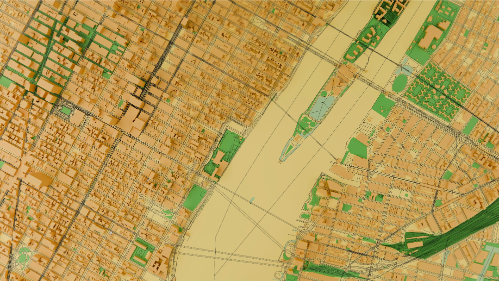 3D-rendered map of an urban city grid showing buildings, roads, parks, and a river with multiple bridges.