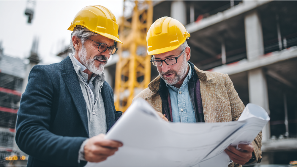 Two engineers in yellow hard hats discussing architectural plans at a commercial construction site.