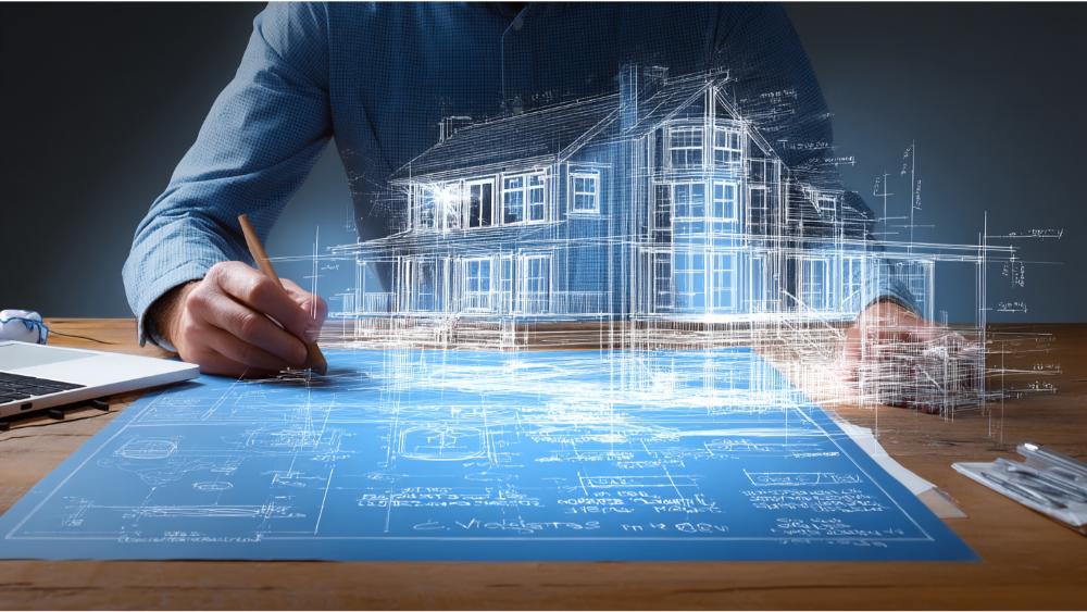 Architect drawing on a blueprint with a pencil, as a 3D wireframe of a house is projected above the desk.