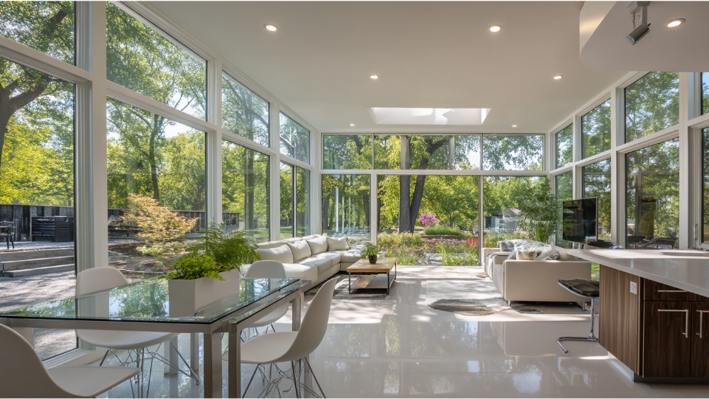 Bright sunroom addition with floor-to-ceiling windows, white modern furniture, and views of lush backyard landscaping