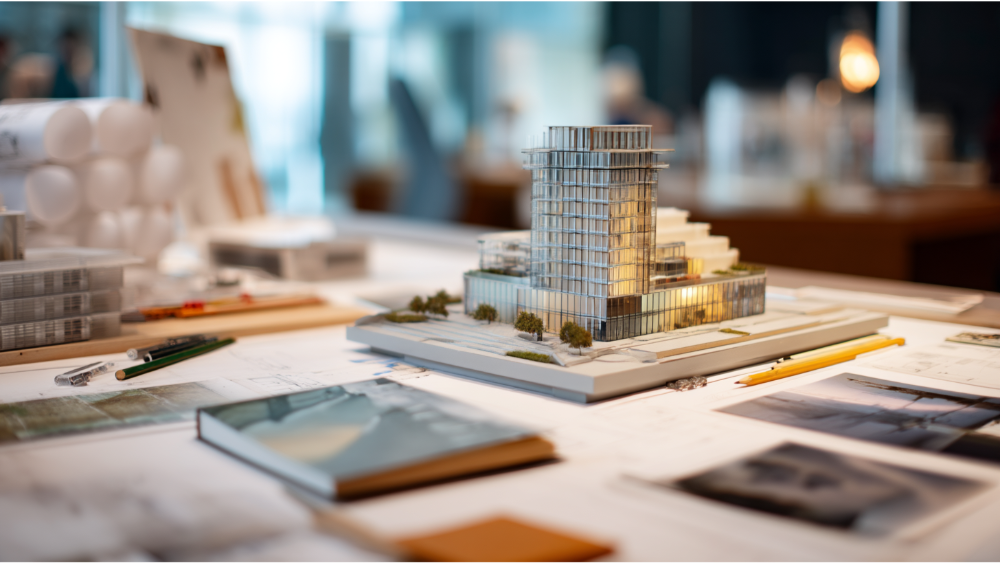 Close-up of a detailed scale model of a modern high-rise building displayed on a drafting table surrounded by architecture tools and sketches