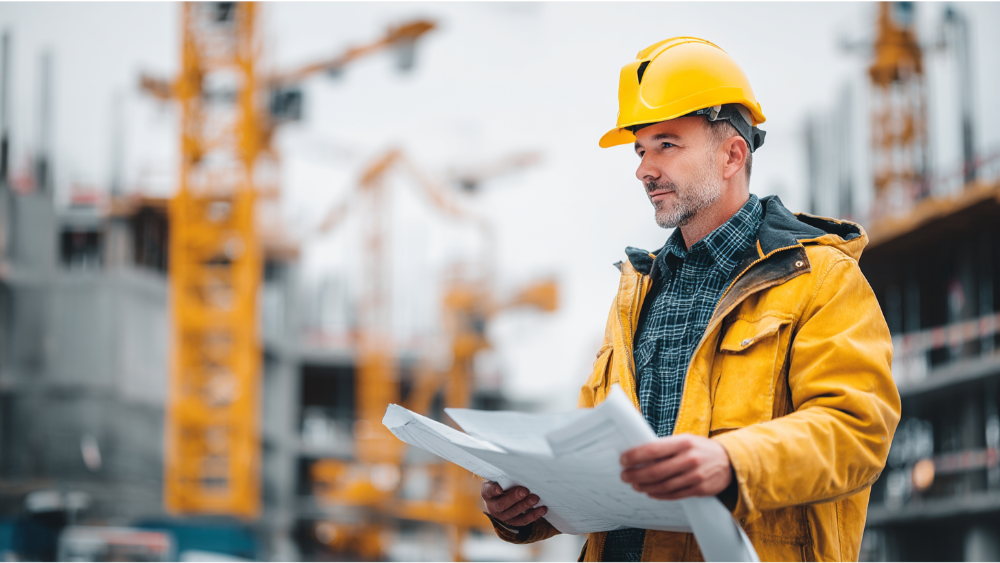 Construction manager wearing a yellow hard hat and jacket, holding blueprints on an active job site with cranes and unfinished buildings in the background.