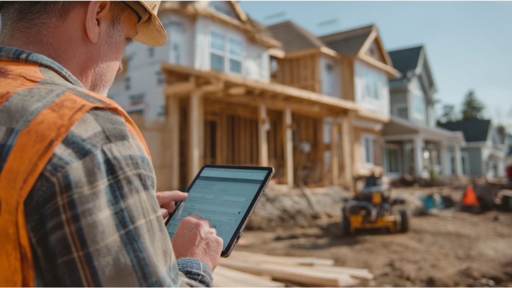Construction worker using a tablet to review building plans in front of a partially built home.