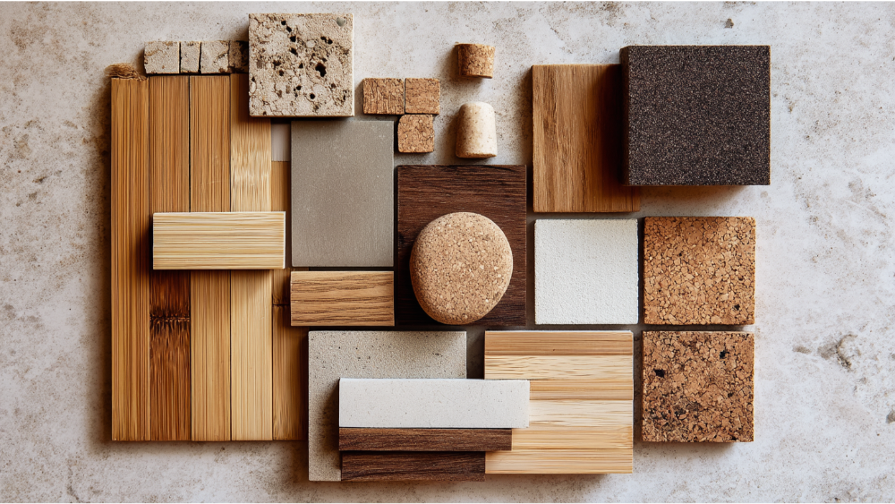 Flat lay of sustainable building materials including bamboo, cork, composite, and stone tiles arranged on a neutral surface