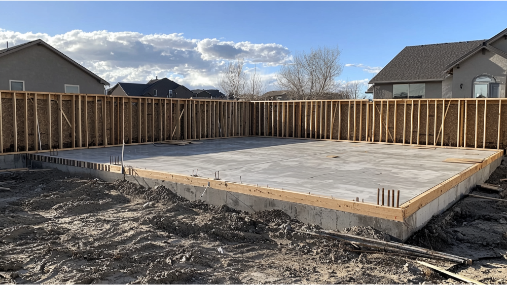 Concrete slab foundation with wood framing in early stages of residential construction.