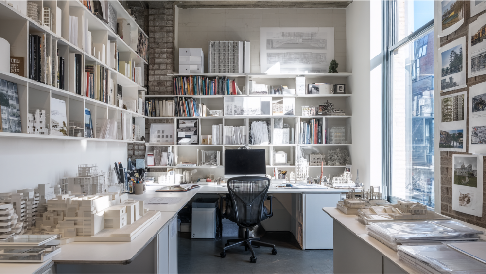 Architect’s office with shelves full of books, models, and plans, featuring a central desk and natural daylight through large windows