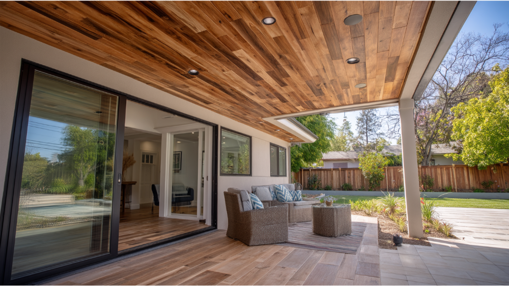 Contemporary backyard patio with a wood ceiling, tile flooring, and sliding glass doors opening to an inviting outdoor lounge space