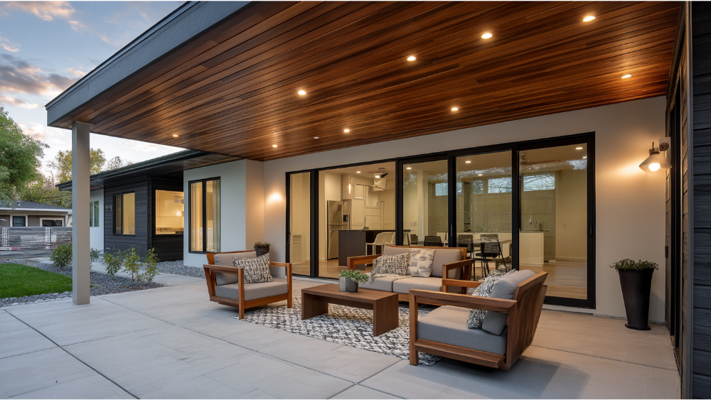 Covered patio addition with recessed lighting, sliding glass doors, and modern outdoor furniture beneath a wood-paneled ceiling