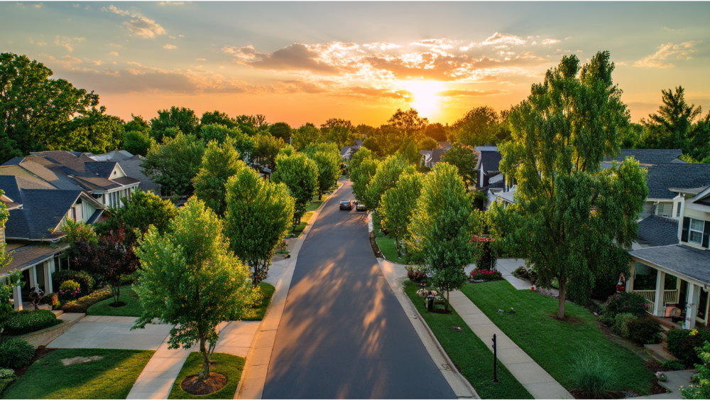 Aerial view of a tree-lined residential neighborhood at sunset, showing a quiet, well-planned suburban street.