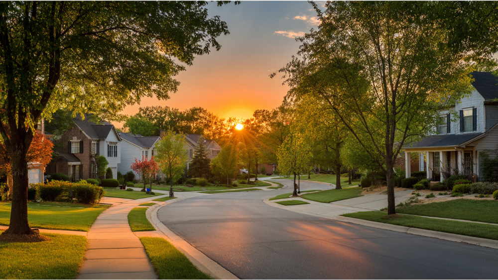 Peaceful suburban street lined with well-maintained houses and trees, with the sun setting in the distance.