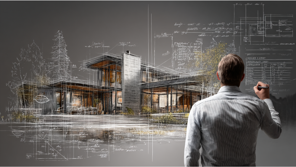 Architect sketching a modern house design on a large digital screen, with hand-drawn building plans overlaying the structure.