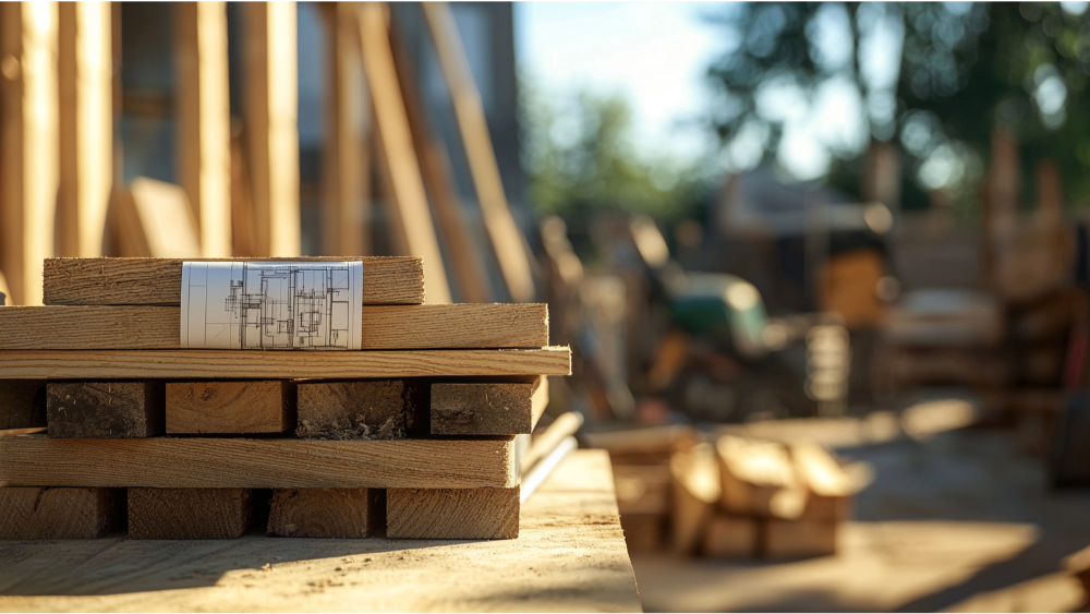 Stacked lumber and architectural blueprints at a construction site with blurred tools in the background.