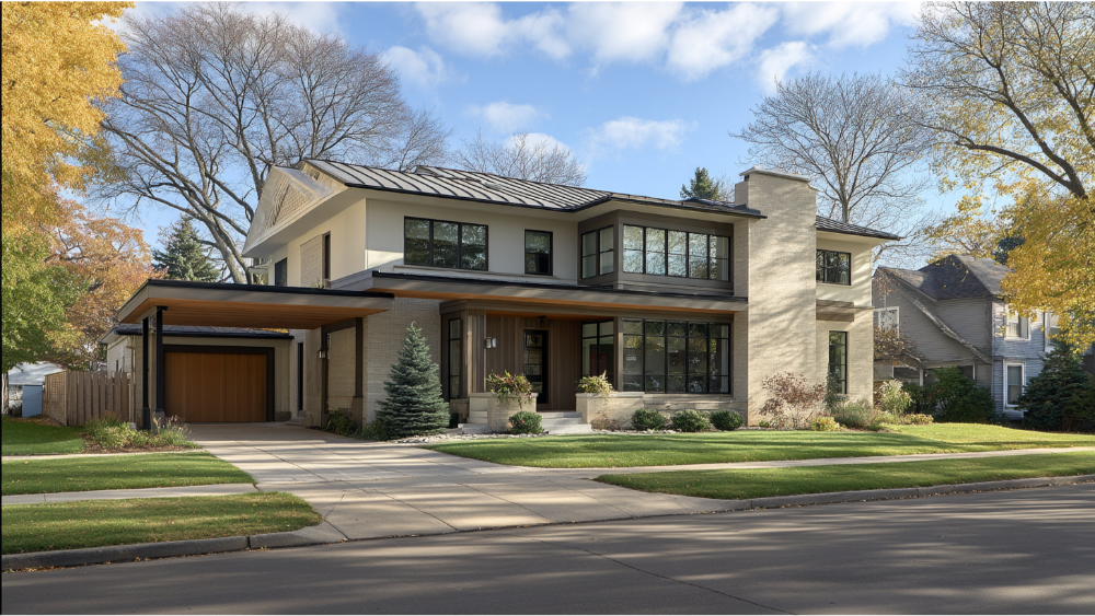 Street view of a modern two-story home with flat and low-slope rooflines, light stone exterior, black window trim, and a wood-accented garage