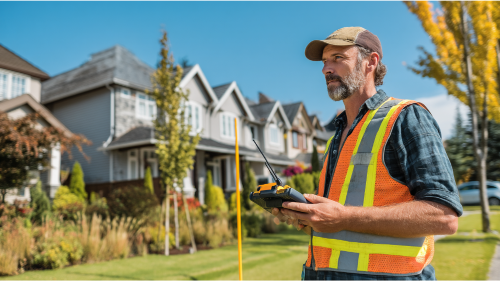 Surveyor wearing a safety vest and holding a remote control device while standing in front of a suburban row of homes on a sunny day.