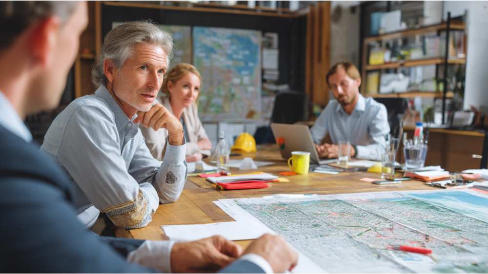 Team of urban planners and architects in a meeting, reviewing zoning maps and development plans around a large conference table.