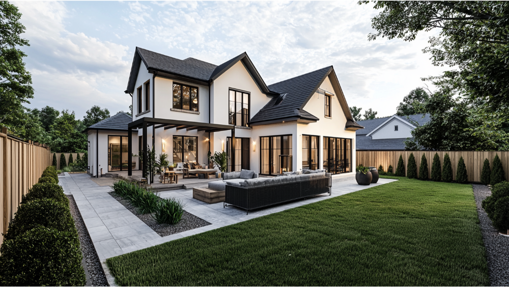 Modern luxury home with a landscaped backyard, large windows, and outdoor seating area.