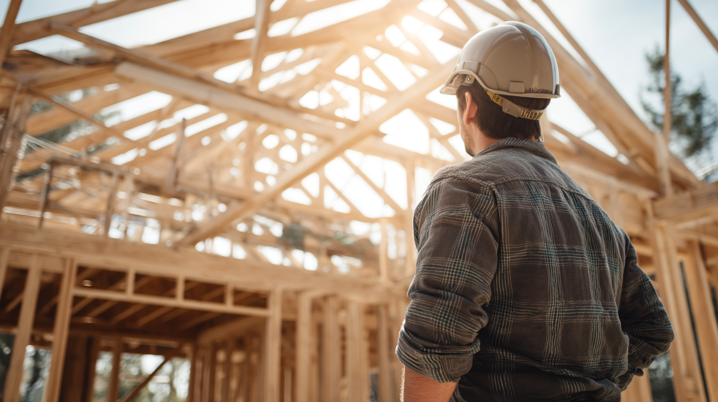 Kova Team engineer standing near house framing structure at con b20f18e7 8f6b 44fd a644 ee750da288f2