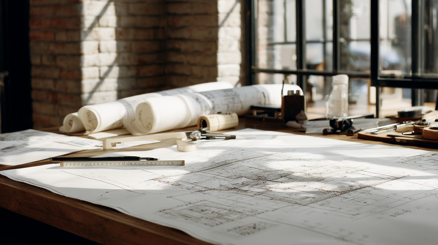 Kova Team structural drawings spread across table with measurin aa9a8f21 d080 4ab0 8934 e5a2b22ba62a